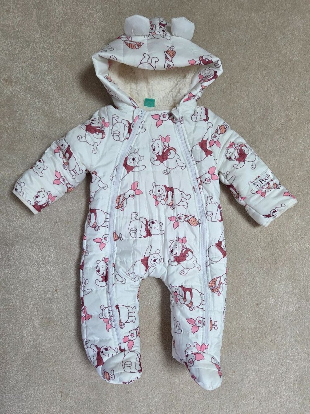 Disney Winnie The Pooh Baby Fleece Lined Quilted Snowsuit 6-9 Months Hooded Zip